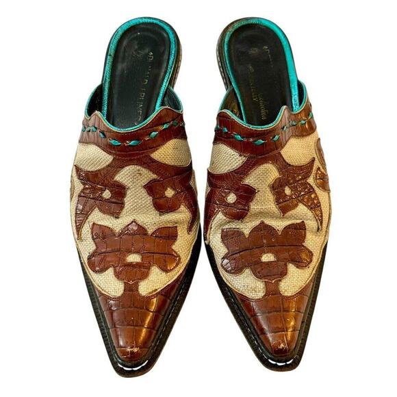 DONALD J. PLINER Juno Leather Brown Turquoise Western Couture Italian Mules 7M - Picture 3 of 11